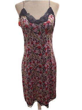 Vintage Y2K 90s Lavender Floral Slip Dress Satin Feel Lace Trim Side Zip Size 6